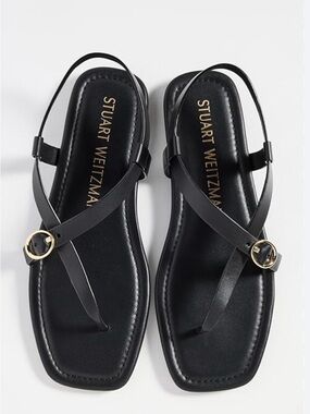 Stuart Weitzman Benni Black Leather Sandals with Gold Buckle New Size 8.5 $295